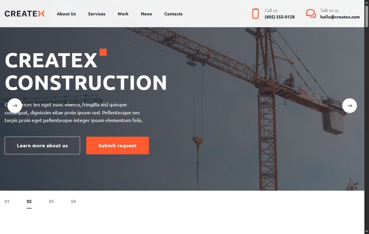 Createx Construction — корпоративный сайт — HTML/Sass/JS. Ручная вёрстка макета из Figma: БЭМ, семантическая разметка, Sass-архитектура, слайдеры и анимированные счётчики на ванильном JS, формы с вали