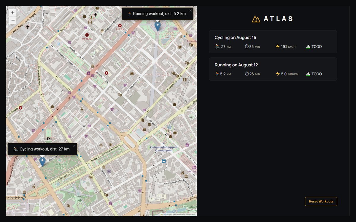 ATLAS — дневник тренировок на карте — Веб-приложение. ATLAS — премиальный дневник тренировок: отмечайте пробежки и заезды прямо на интерактивной карте.